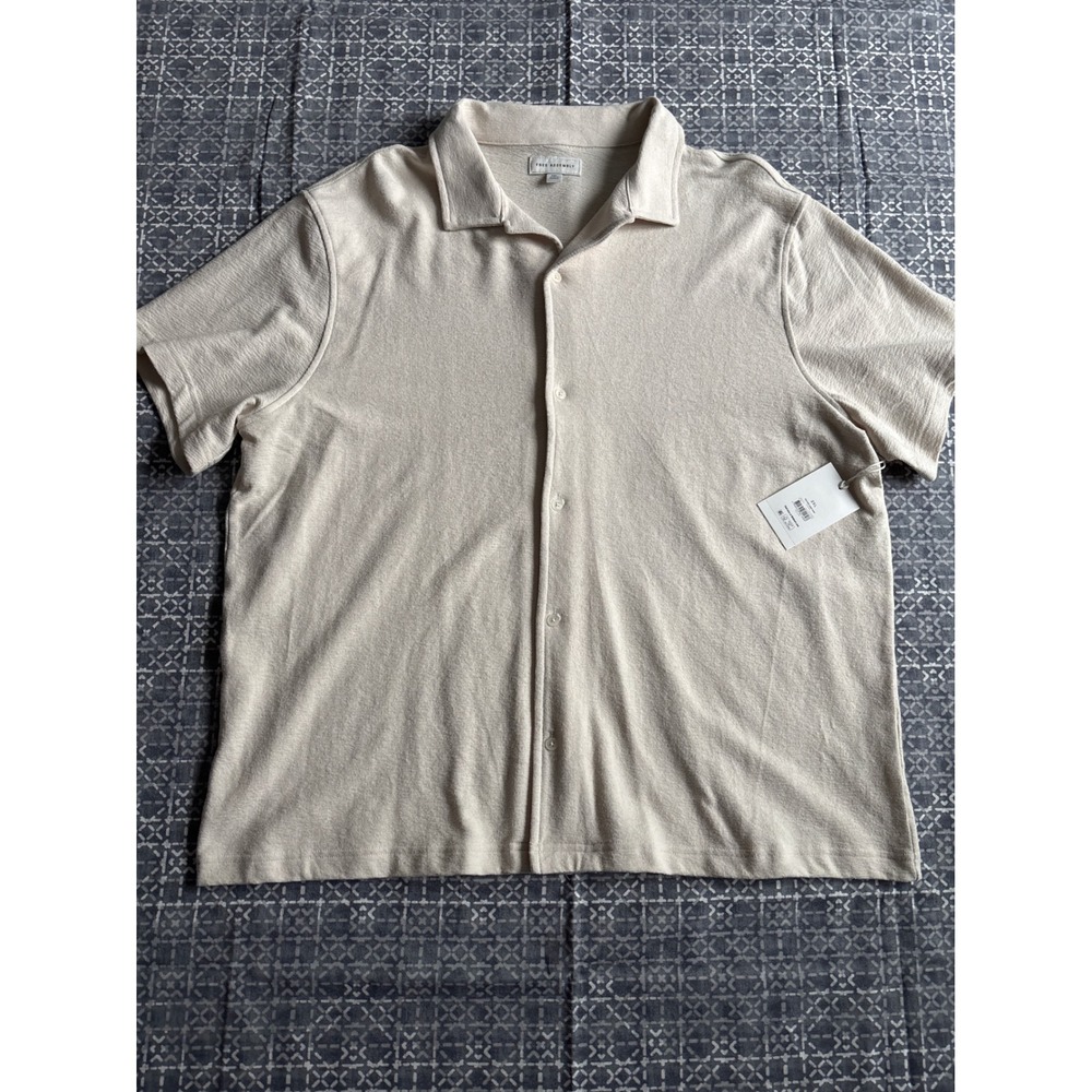 Free Assembly Terry Cloth Shirt Mens XXL Beige Short Sleeve Button Down Cotton